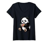 Womens Cute Panda with Mochi Dango Japan Streetwear V-Neck T-Shirt