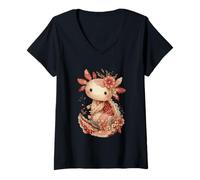 Womens Cute Pastel Axolotl with Vintage Floral Crown V-Neck T-Shirt