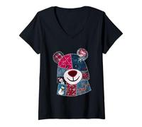 Womens Cute Patchwork Bear with Snowman and Reindeer V-Neck T-Shirt