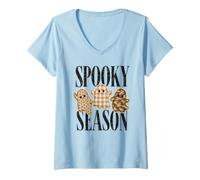 Women's Cute Patchwork Ghosts Spooky Season Halloween Dance Party V-Neck T-Shirt