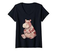 Womens Cute Patchwork Hippo Vintage Floral Quilting Lover V-Neck T-Shirt