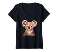 Womens Cute Patchwork Koala Vintage Floral Pastel V-Neck T-Shirt