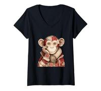 Womens Cute Patchwork Monkey Vintage Animal Portrait Style V-Neck T-Shirt