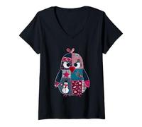 Womens Cute Patchwork Penguin Winter Fun V-Neck T-Shirt