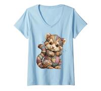Women's Cute Patchwork Red Panda Quilted Animal Art V-Neck T-Shirt