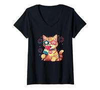 Womens Cute Patriotic Cat Owners with Popsicle USA 4th of July V-Neck T-Shirt