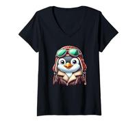 Womens Cute Penguin Aviator Pilot Animal Art V-Neck T-Shirt