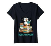 Women's Cute Penguin Book Waddler Reading Books V-Neck T-Shirt