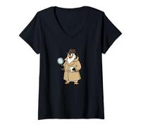 Women's Cute Penguin Detective Cartoon Spy Theme V-Neck T-Shirt