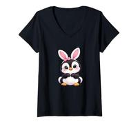 Women's Cute Penguin Easter Bunny with Ears and Egg Design V-Neck T-Shirt