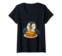 Womens Cute Penguin Enjoying Lasagna Meal V-Neck T-Shirt