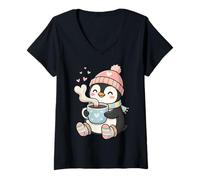 Women's Cute Penguin Hot Cocoa Winter Beanie Scarf Socks V-Neck T-Shirt