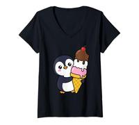 Women's Cute Penguin Hugging Ice Cream Cone Kawaii Cartoon Sweet Art V-Neck T-Shirt