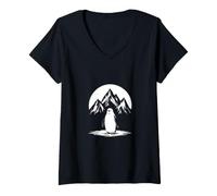 Women's Cute Penguin in Mountains Under Full Moon V-Neck T-Shirt