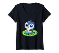 Womens Cute Penguin Mowing Lawn for Garden Lovers V-Neck T-Shirt