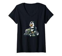 Womens Cute Penguin on Lawn Mower Cartoon Garden V-Neck T-Shirt