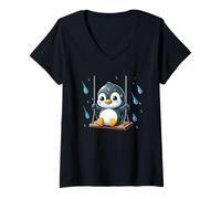 Womens Cute Penguin on Swing in Rain Funny Cartoon Animal V-Neck T-Shirt
