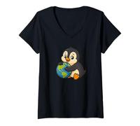 Womens Cute Penguin Saving the Earth Design V-Neck T-Shirt