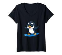 Womens Cute Penguin Surfer Cartoon Summer and Beach Fun V-Neck T-Shirt
