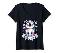 Womens Cute Penguin Surrounded by Hearts V-Neck T-Shirt