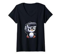 Women's Cute Penguin VR Gamer Comic Style V-Neck T-Shirt