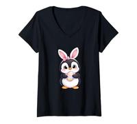 Women's Cute Penguin with Bunny and Ears Easter Egg Design V-Neck T-Shirt