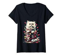 Womens Cute Persian Cat with Christmas Lights Cozy Kitten Winter V-Neck T-Shirt