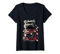 Womens Cute Persian Cat with Christmas Lights Cozy Kitten Winter V-Neck T-Shirt