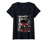 Womens Cute Persian Cat with Christmas Lights Snowy Kitten Winter V-Neck T-Shirt