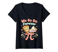 Womens Cute Pi Day Pizza and Pie We Go On Forever Math Pun V-Neck T-Shirt