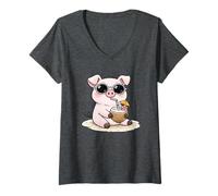 Women's Cute Pig Drinking Graphic V-Neck T-Shirt