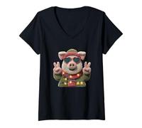 Women's Cute Pig Funny Animal Lover Retro Style Design V-Neck T-Shirt