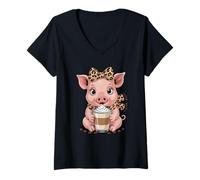 Women's Cute Pig Latte Coffee Lover Cozy Morning V-Neck T-Shirt