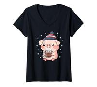 Womens Cute Piggy Winter Hot Chocolate Snowflakes Christmas Animal V-Neck T-Shirt