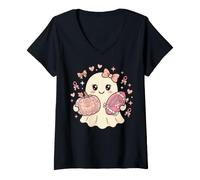 Women's Cute Pink Football Ghost Breast Cancer Awareness Fall. V-Neck T-Shirt