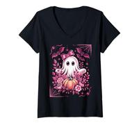 Womens Cute Pink Ghost with Bow Kawaii Halloween Pumpkin Bat Girls V-Neck T-Shirt