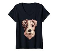 Women's Cute Pit Bull Patchwork Floral Dog Boho Folk Art Graphic V-Neck T-Shirt