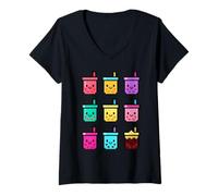 Womens Cute Pixel Bubble Tea Cups Kawaii Digital Drink Art V-Neck T-Shirt