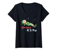 Womens Cute Pixel Elf Christmas Cozy Holiday Aesthetic - Helpy Elfy V-Neck T-Shirt