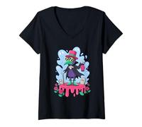 Womens Cute Plague Doctor Holding Lantern On Graveyard Pastel Goth V-Neck T-Shirt