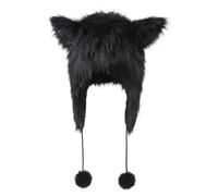 Womens Cute Plush Cat Ear Hoodie Cap with Pompom Winter Faux Fur Earflap Thermal Hat Thick Animal Themed Costume Hat