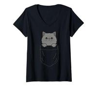 Womens Cute Pocket Persian Cat Funny Peek Out V-Neck T-Shirt