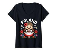 Womens Cute Poland Girl Traditional Folk Dress with Flowers Kids V-Neck T-Shirt