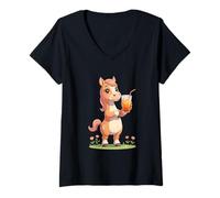 Women's Cute Pony with Orange Drink V-Neck T-Shirt