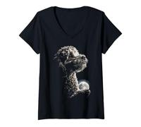 Women's Cute Poodle Holding Full Moon Moonlight Aesthetic Dog Art V-Neck T-Shirt