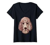 Women's Cute Poodle Patchwork Floral Dog Boho Folk Art Graphic V-Neck T-Shirt