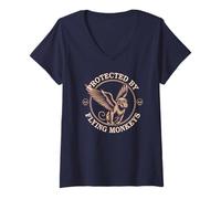 Womens Cute Protected by Flying Monkeys Wizard Magic Witch Broom Co V-Neck T-Shirt