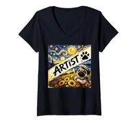 Women's Cute Pug Artist Starry Night Van Gogh Inspired Dog Lover V-Neck T-Shirt