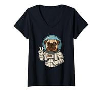 Womens Cute Pug Astronaut Space Explorer Art V-Neck T-Shirt