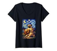 Women's Cute Pug Dog Playing Guitar Whimsical Art Music Camping V-Neck T-Shirt